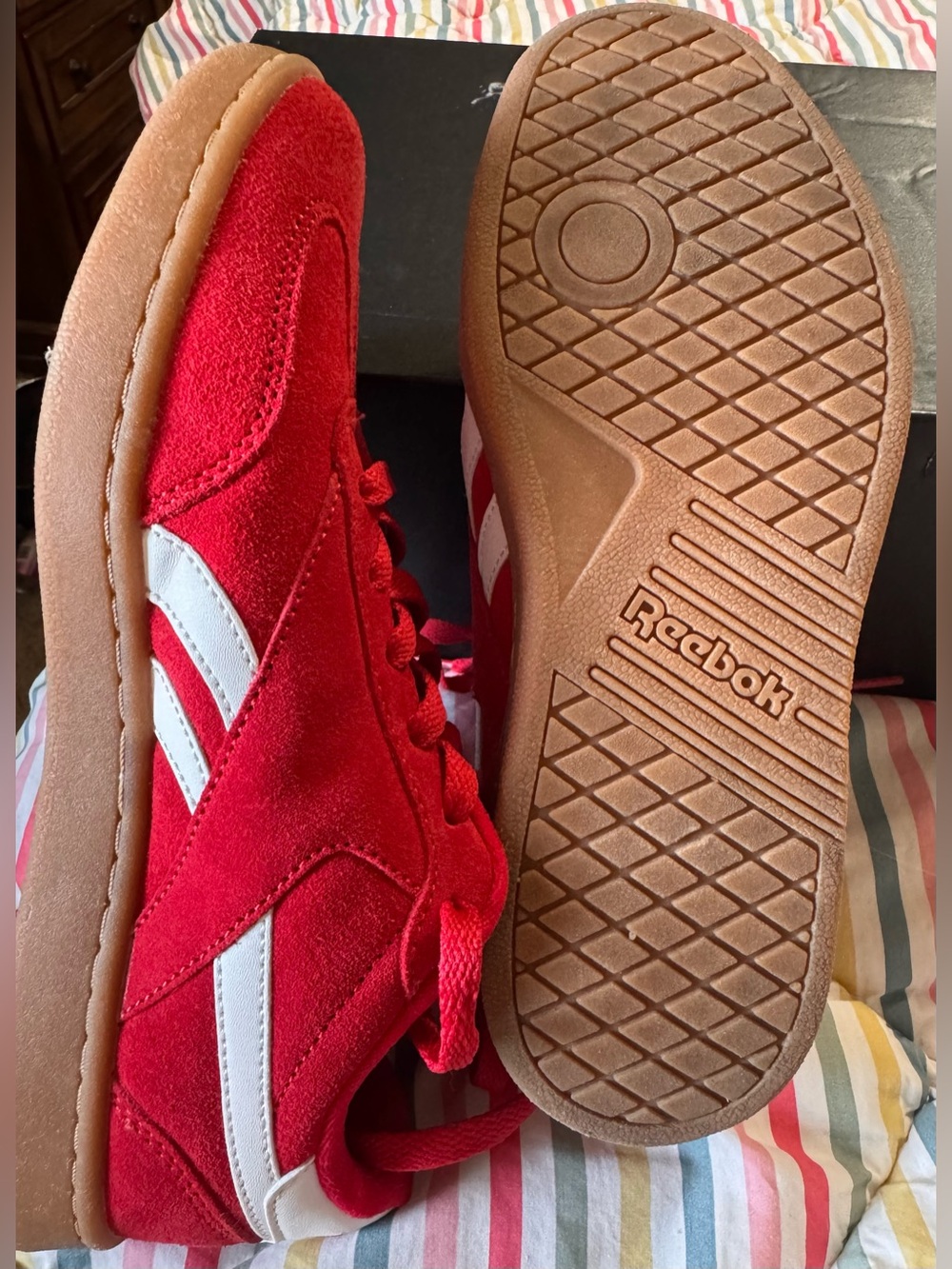 Reebok Red Suede Sneakers with White Stripes and Gum Sole - Picture 2 of 11
